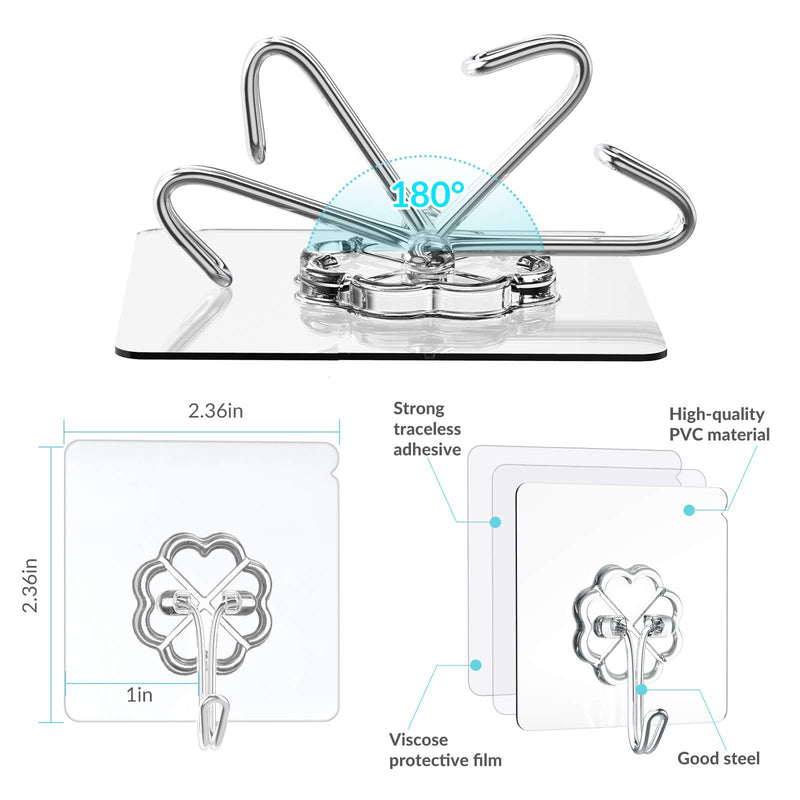 HangerSpace Adhesive Hooks, Transparent Reusable Sticky Hooks 13.2LB Heavy Duty Seamless Hooks Rotating Ceiling Hooks Wall Hanger Hooks Utility Hooks for Kitchen Bathroom Window - 10 Packs