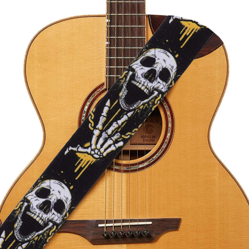 DINGDA Skull Guitar Strap, Soft Polyester & Leather Ends Adjustable Guitar Shoulder Strap for Bass, Electric & Acoustic Guitars - Includes 2 Picks and 2 Strap Locks (Black) Black skull