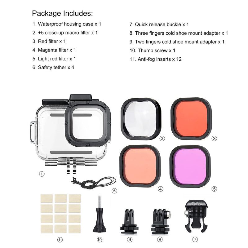SOONSUN Waterproof Housing Case for GoPro Hero 8 Black with 4-Pack Diving Filter - 60M Underwater Diving Housing Built-in Dual Cold Shoe Slots with Red, Light Red, Magenta and 5X Macro Filter Waterproof Housing with Filters for HERO8 Black