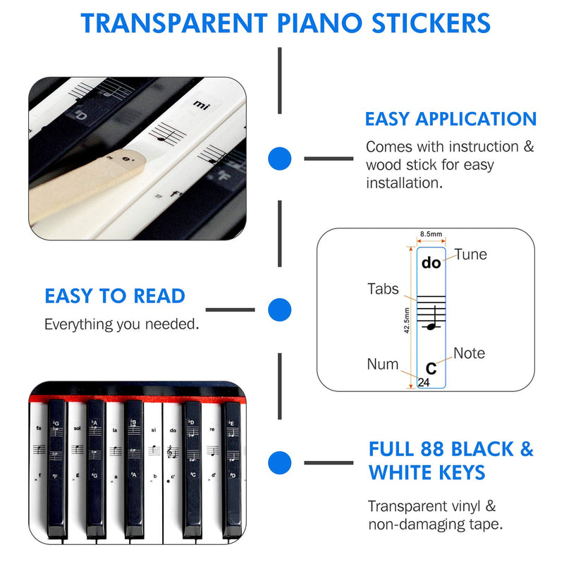 Ultimate Piano Keyboard Learning Aid Set - 1:1 Scale 88 Keys Practice Cardboard Piano Note Chart Guide, Transparent Piano Stickers for 54/61 / 88 Key Keyboards, 2 Music Book Clip