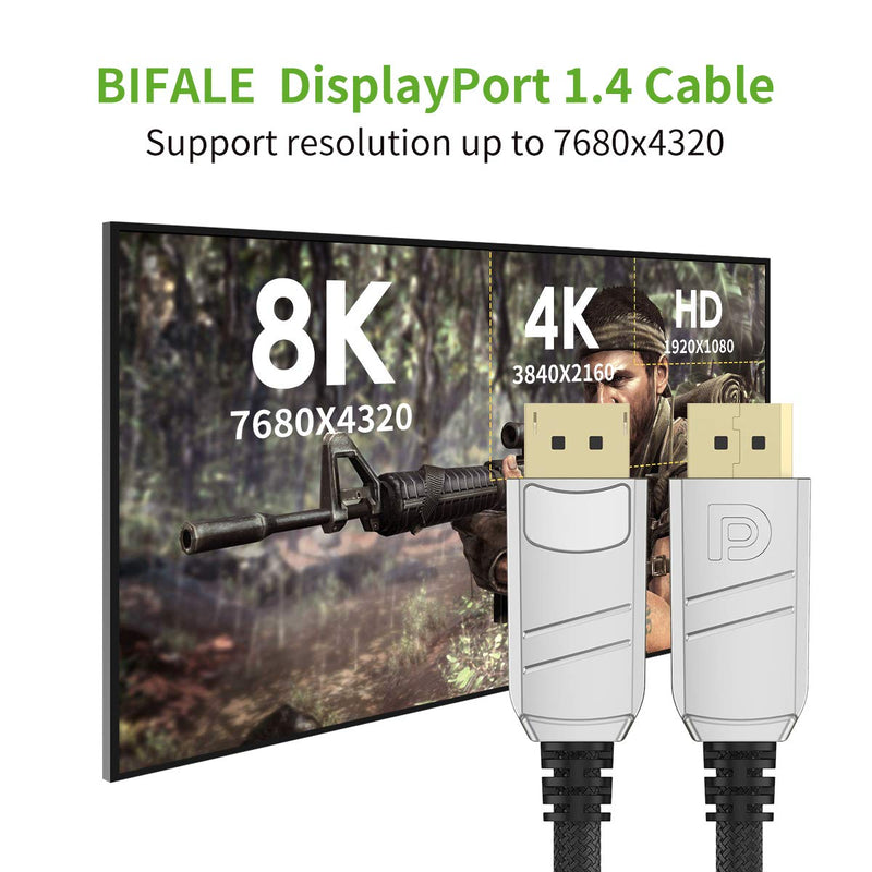 8K DisplayPort Cable 10ft, BIFALE DP 1.4 Cable with Zinc Alloy Shell and Nylon Braided, Support 8K@60Hz, 4K@144Hz, 32.4Gbps, HBR3, HDR10, HDCP 2.2 for PC Monitor-3M 1.4 DP 10FT