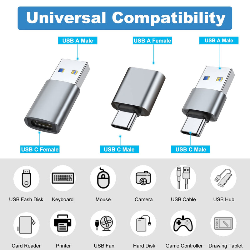 AreMe USB C Adapter (6 Pack), USB A Male to USB C Male, USB 3.0 Male to USB C Female, USB Type-C Male to USB 3.0 Female Converter Connector (Grey) Grey