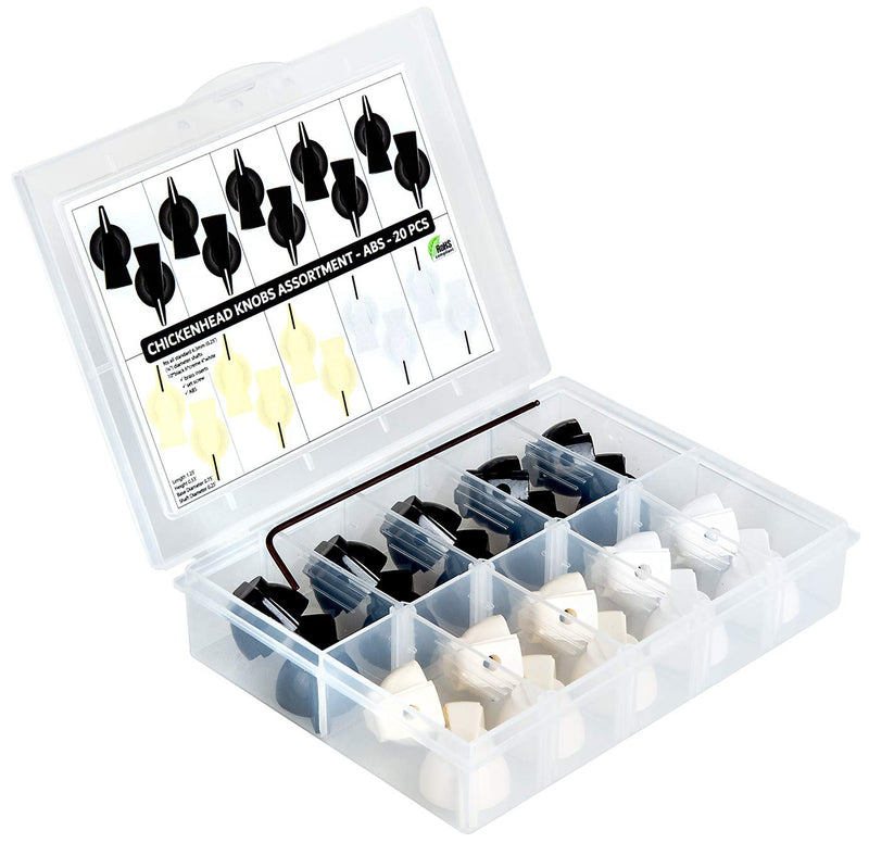 20 pcs Chickenhead Knobs Assortment Kit Box, 10 pcs Black, 6 pcs Creme, 4 pcs White, ABS