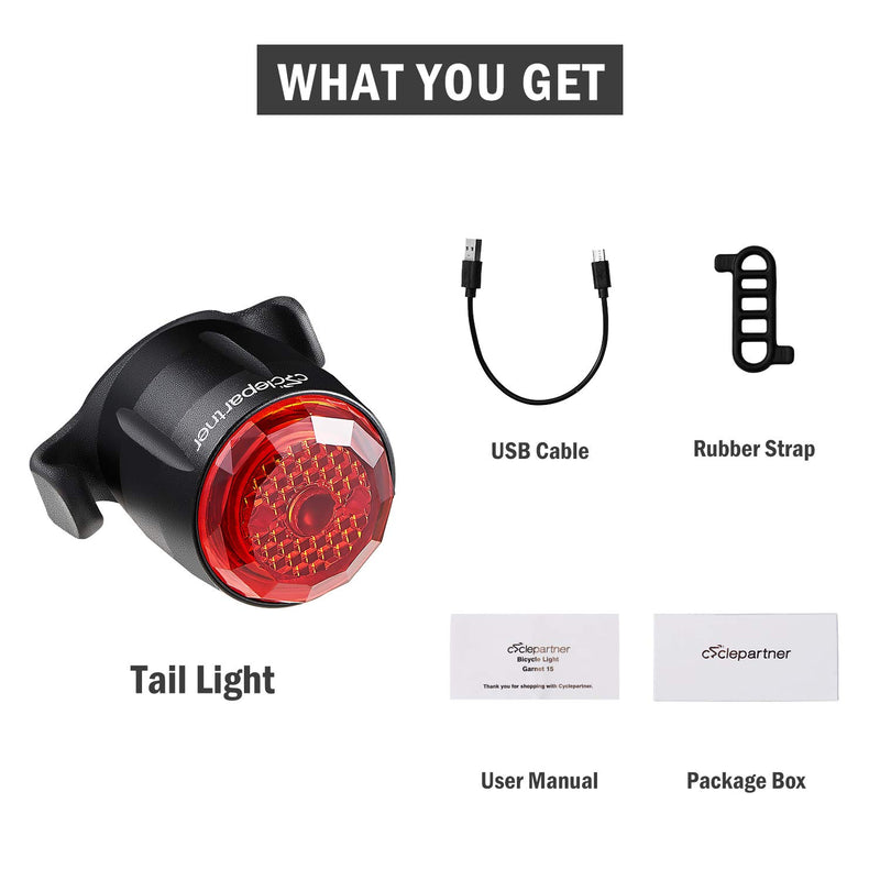 Cyclepartner Garnet-15 Universal Bike Tail Light for All Handlebars Bicycle Taillight Rear Light for Helmet Flash Warning Light Safety Light USB Rechargeable IP65 Waterproof