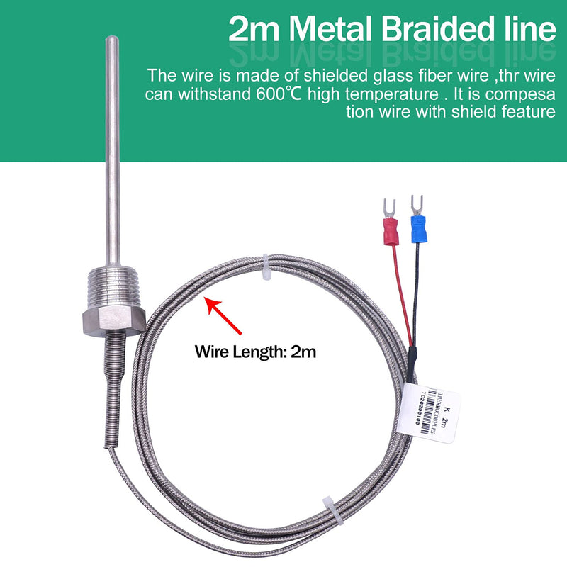 Twidec/2M NPT 1/2"inch (6X100MM) Pipe Thread Temperature Sensor Probe Two Wire Temperature Controller (0~600℃) 304 Stainless Steel K Type Thermocouple MT-205-1/2 1/2" 6x100mm