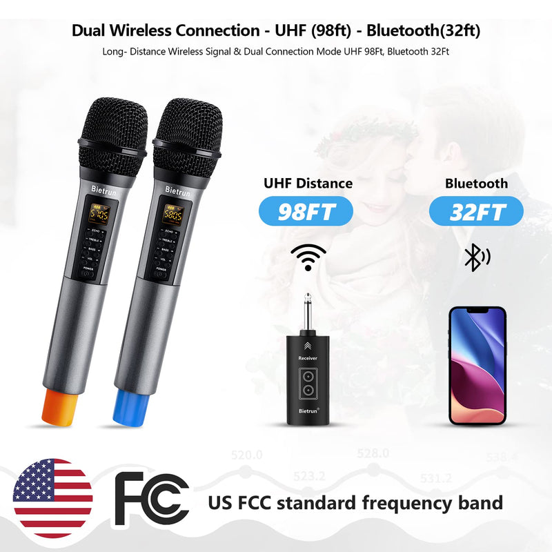 Bietrun Wireless Microphone with Echo, Treble, Bass & Bluetooth, 98 FT Range, Portable UHF Handheld Karaoke Dynamic Microphone System with Rechargeable Receiver, for Karaoke, Singing, Amp, PA System