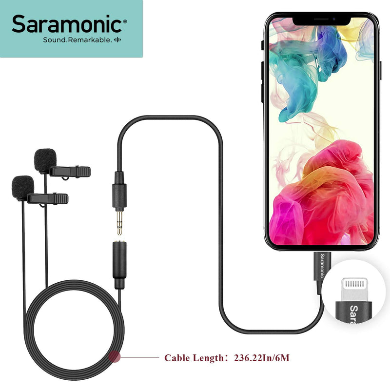 Saramonic Omnidirectional Dual-Head Lapel Microphone 6M Cable with a Male 3.5mm TRS to MFi Certified Lightning Adapter Cable for iPhone iPad iOS Devices Dual-head 6M Microphone