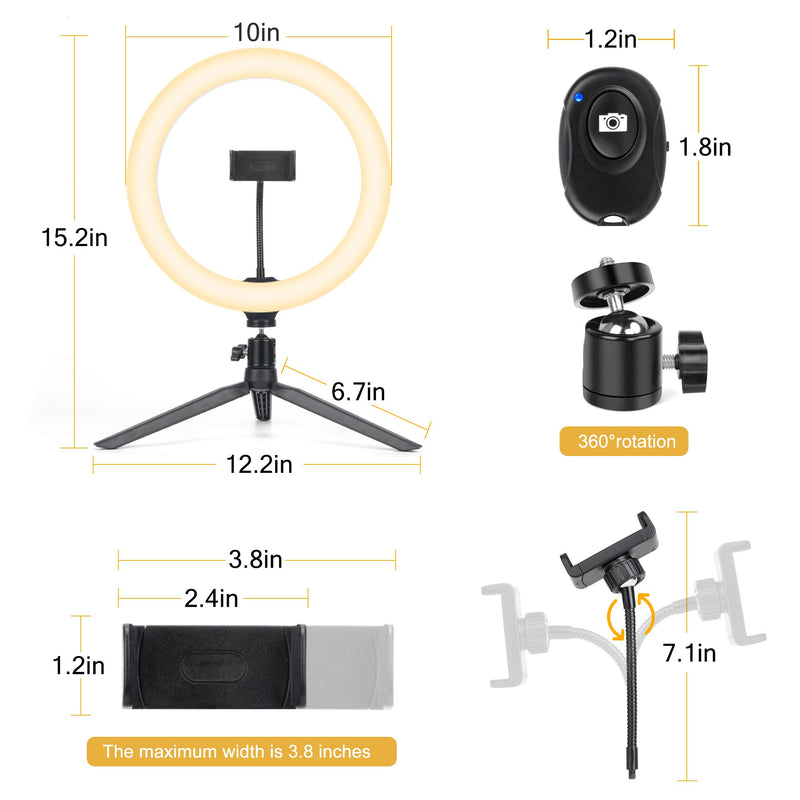 Migeec 10 inch Ring Light with Tripod Stand and Phone Holder, Dimmable Remote Control and LED RingLight for Desk Makeup/Live Stream/YouTube/Video Recording/Photography, Compatible with iPhone/Android 10inch