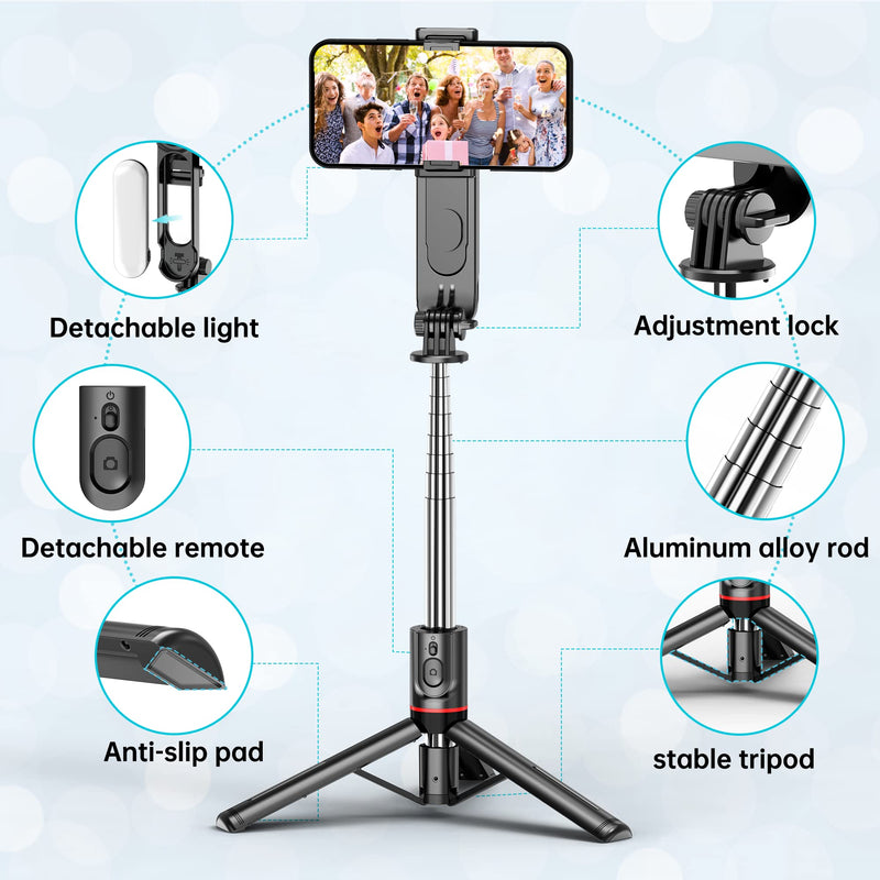 Stable Selfie Stick Tripod with Fill Light, 44 Inch Extendable Selfie Stick with Wireless Remote and Tripod Stand 360 Rotation for iPhone 13/12/11 Pro/XS Max/XS/XR/X/8/7, Samsung and Smartphone With Light
