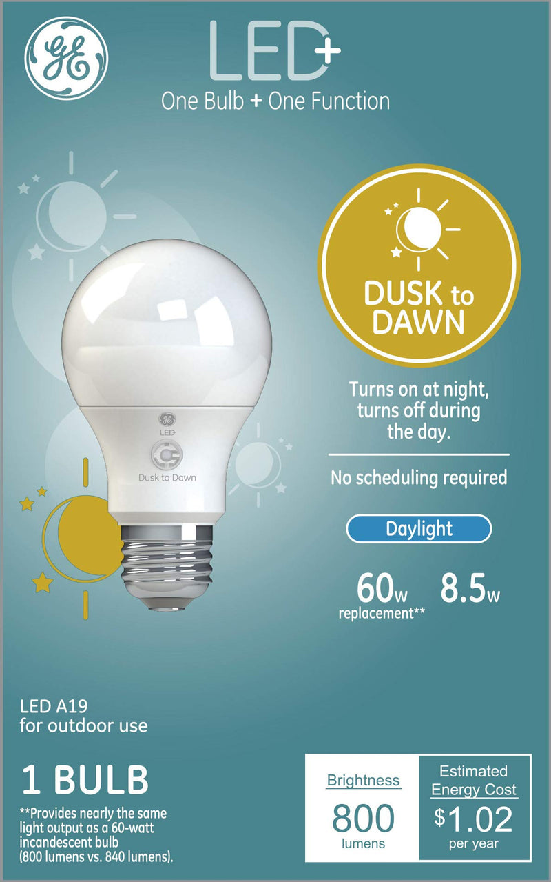 GE Lighting 93121487 LED+ Dusk to Dawn 60-Watt Replacement A19 with built-in sensor, 1pk, Daylight