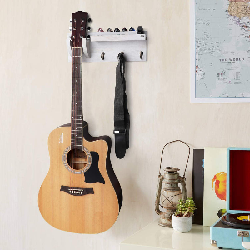 Bikoney Guitar Holder Wall Mount Bracket Hanger Guitar Wood Hanging Rack with Pick Holder and 3 Hook Vintage White