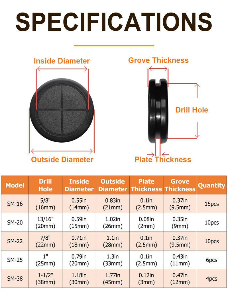 45 PCS Rubber Grommet 1-1/2"、1"、7/8"、13/16"、5/8"Drill Hole，Firewall Hole Plug Set Electrical Wire Gasket Kit Rubber Gasket Kit，Firewall Plug Grommet, Round