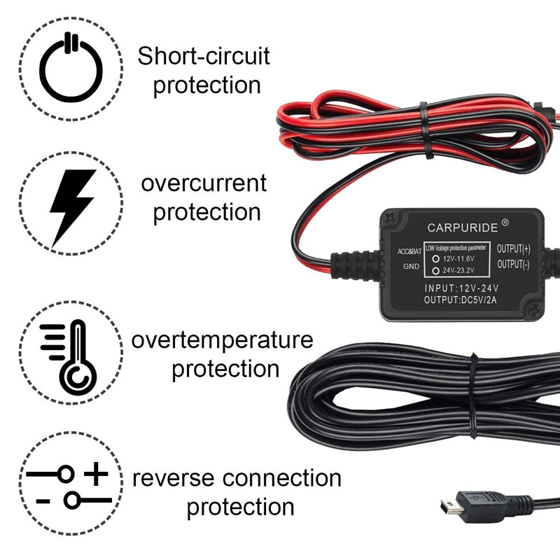 Dash Cam Hardwire Kit, Micro USB Port, DC 12V - 24V to 5V/2A Max Car Charger Cable kit with Fuse, Low Voltage Protection for Dash Cam Cameras (Micro USB and Fuse Kit)