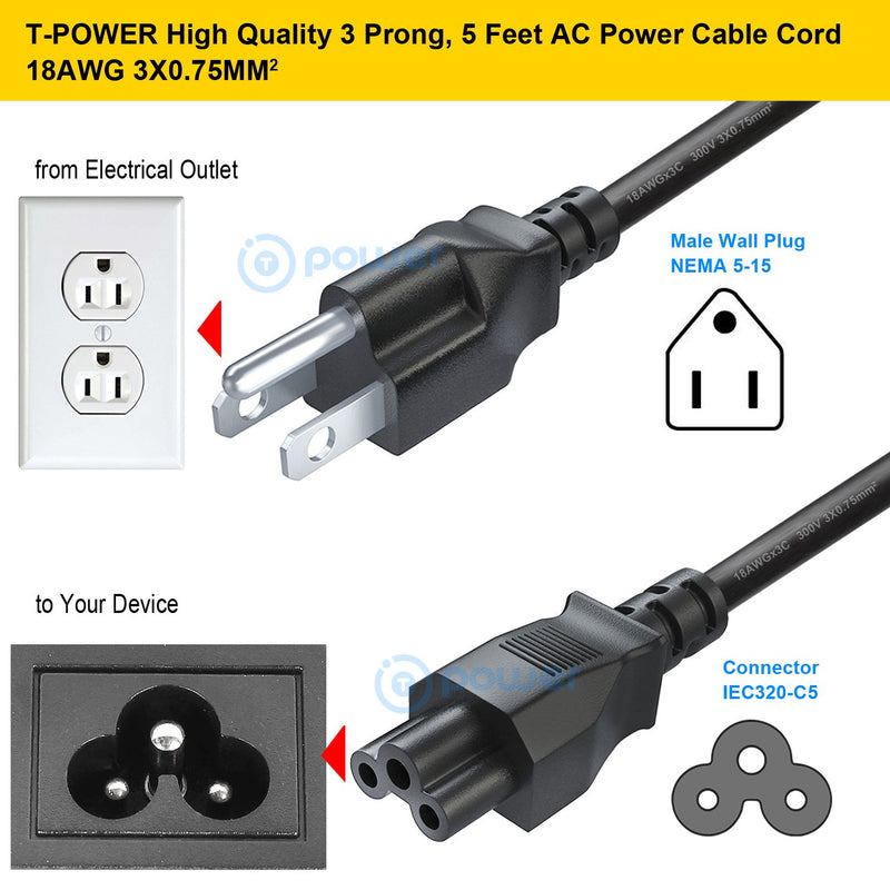T POWER (5FT) Long 3 Prong TV Power Cord Compatible with LG LED LCD Smart 1080p HDTV 32LB5600 42LN5400 42LB5600 42LN5700 42LN5300 47LB5800 50LB5900 55LB5900 Heavy Duty AC Wall Plug Cable