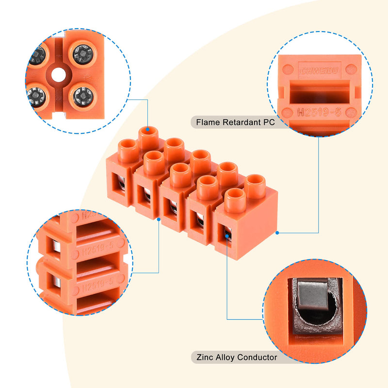 MECCANIXITY Terminal Block 600 Volts 36 amps Dual Row 5 Positions Screw Terminal Electric Barrier Strip 4 Pcs