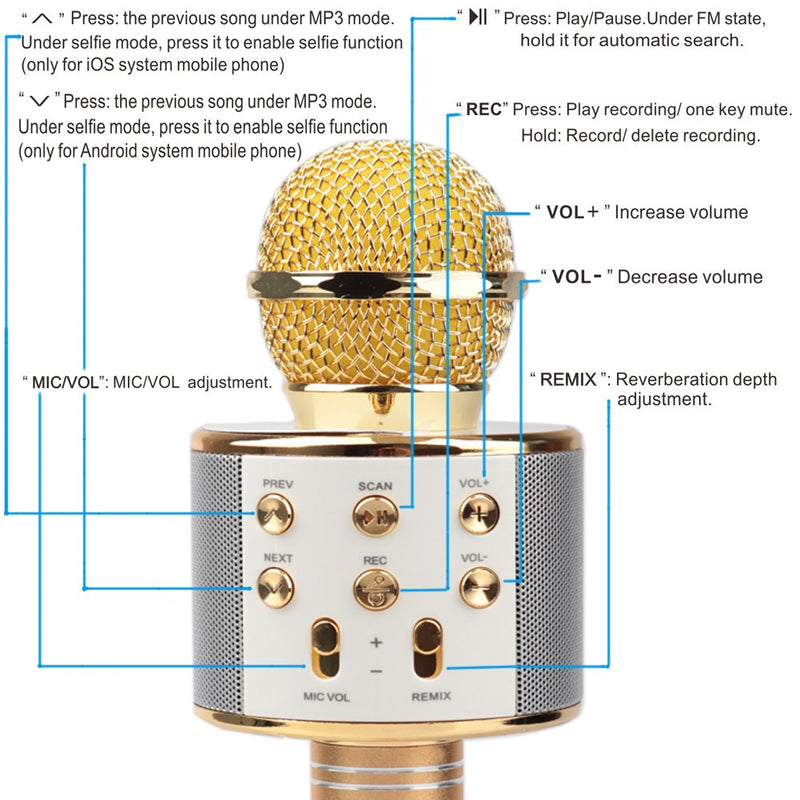 [AUSTRALIA] - mockins Wireless Bluetooth Karaoke Microphone with Built in Bluetooth Speaker Speaker All-in-one Karaoke Machine | Compatible with Android & iOS iPhone - Gold Color 
