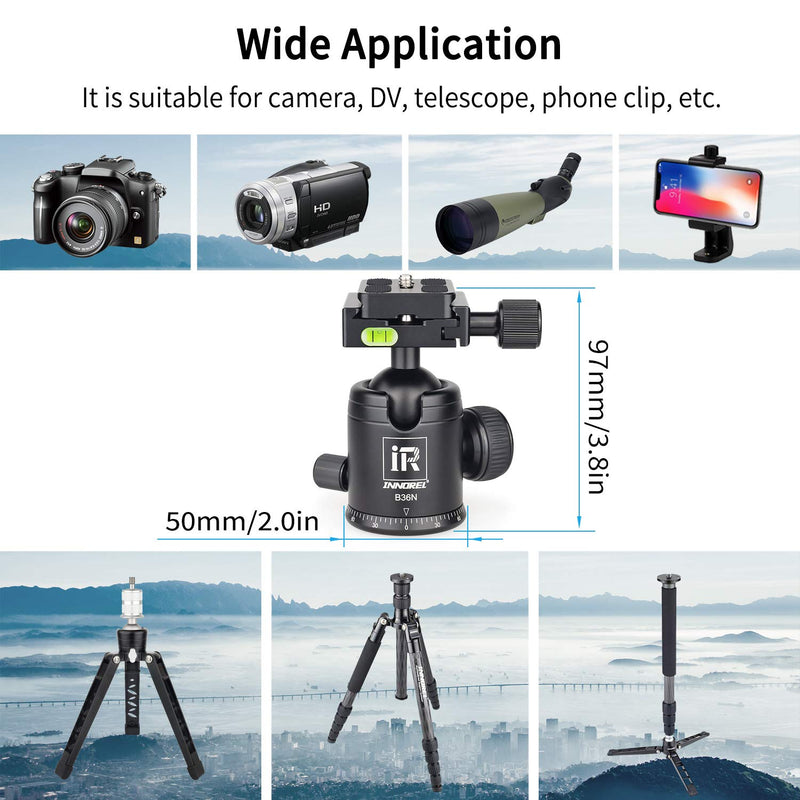 Tripod Ball Head, Camera Tirpod Ball Head Mount 36MM Diameter Ball INNOREL B36N All Metal CNC Panorama Ballhead 1/4" Screw 3/8" Hole for DSLR Camera Camcorder Tripod Monopod Slider (B36N)