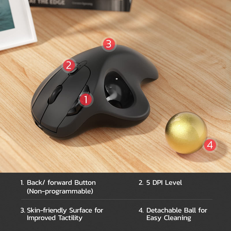 Wireless Trackball Mouse, Rechargeable Ergonomic Mouse, Easy Thumb Control, Precise & Smooth Tracking, 3 Device Connection (Bluetooth or USB), Compatible for PC, Laptop, iPad, Mac, Windows, Android Gold