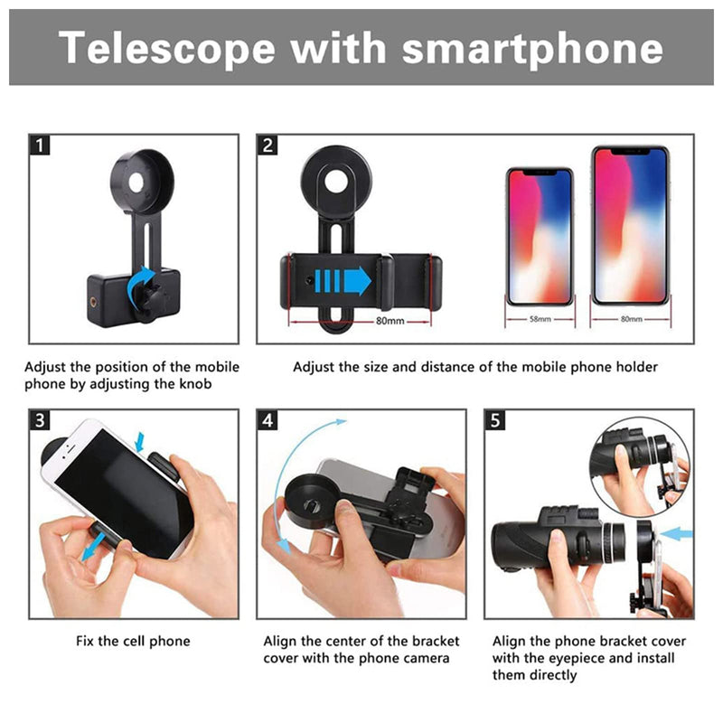 80x100 Monocular Telescopes for Smartphone,Adapter Monocular Telescope for Adults,Hunting Wildlife Bird Watching Travel Camping Hiking with Smartphone Holder and Tripod（Black） Black
