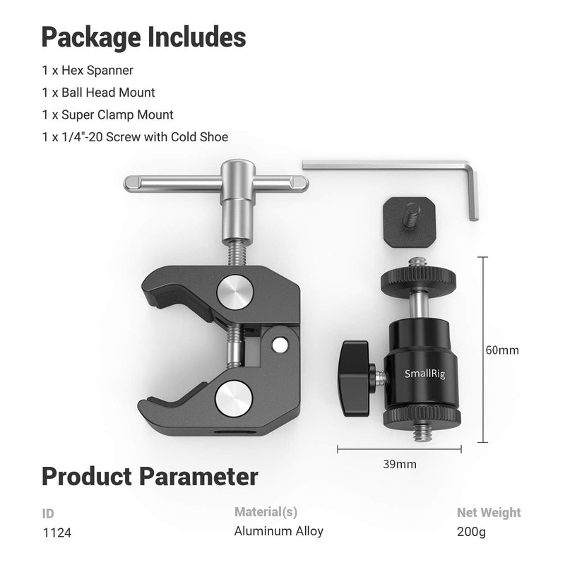 SmallRig Super Clamp Mount with Mini Ball Head Mount Hot Shoe Adapter with 1/4 Screw for LCD Field Monitor, LED Lights, Flash, Microphone, for Gopro, for DJI Action 2, for Insta360 - 1124