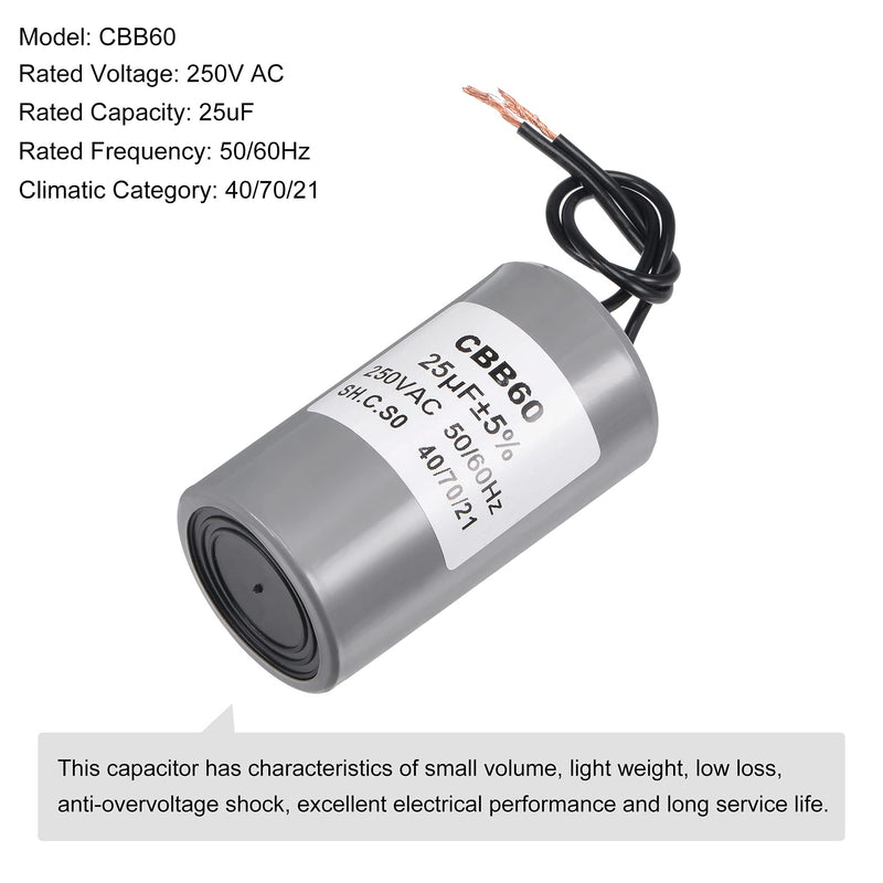 MECCANIXITY CBB60 Run Capacitor 25uF 250V AC 2 Wires 50/60Hz Cylinder 75x40mm for Air Compressor Water Pump Motor