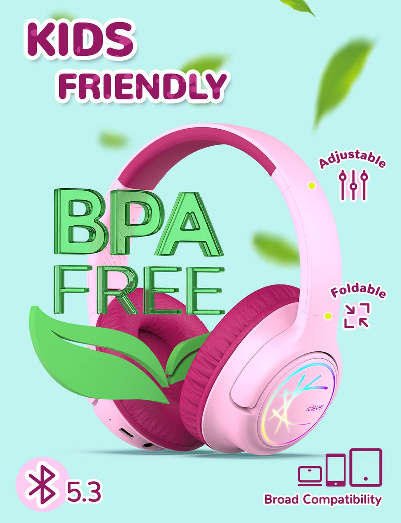 iClever Kids Bluetooth Headphones with LED Lights, BTH18 Safe Volume 74/85/94dBA, 43H Playtime, Stereo Sound, USB-C, AUX Cable, Bluetooth5.3 Over Ear Kids Headphones Wireless for Tablet/Travel, Pink