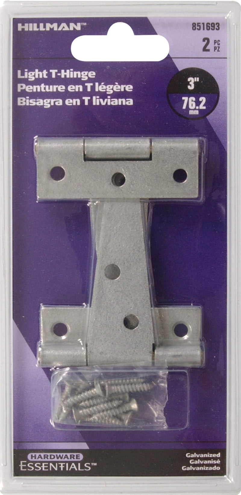 Hillman Hardware Essentials 851693 Light T-Hinges Galvanized 3" -2 Pack