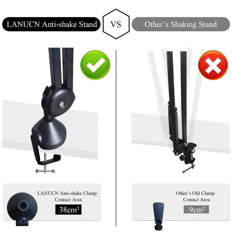 LANUCN Boom Arm 2nd Generation Mic Stand - 3/8 5/8 Upgraded Desktop Microphone Stand with Anti-shaking Desk Clamp, Long Mic Suspension Boom Holder for Blue Yeti Nano Snowball Ice and Other Mics V50 boom arm