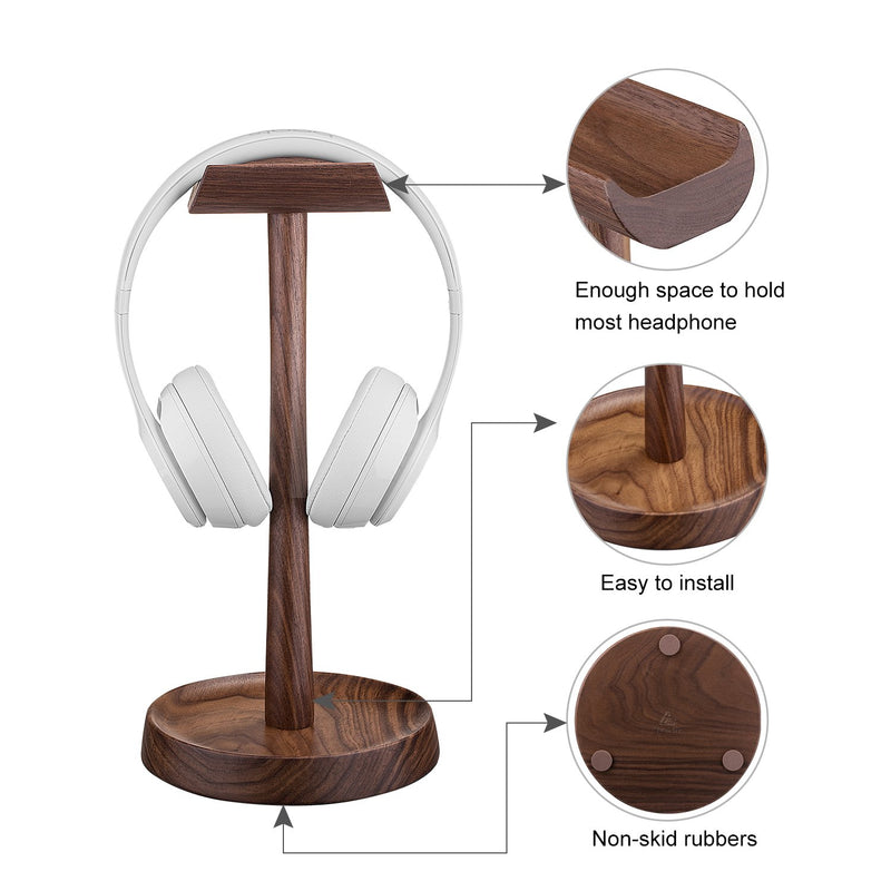 Wooden Headphone Stand Headset Holder Hanger AhfuLife Stand with Cable Holder for Sony, Bose, Shure, Jabra, JBL, AKG, Gaming Headset and Earphone Display (Walnut Color)