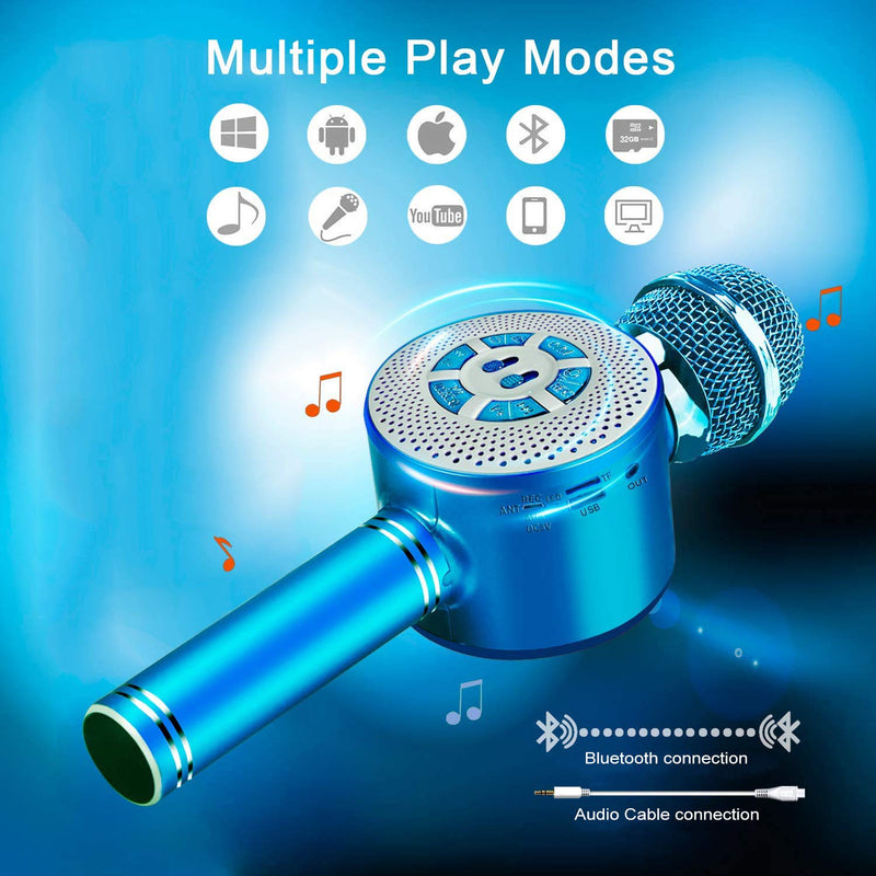 FishOaky Karaoke Microphone[Updated], Kids Wireless Bluetooth Karaoke Microphone Portable Mic Player Speaker with LED for Christmas Birthday Home Party KTV Outdoor Blue