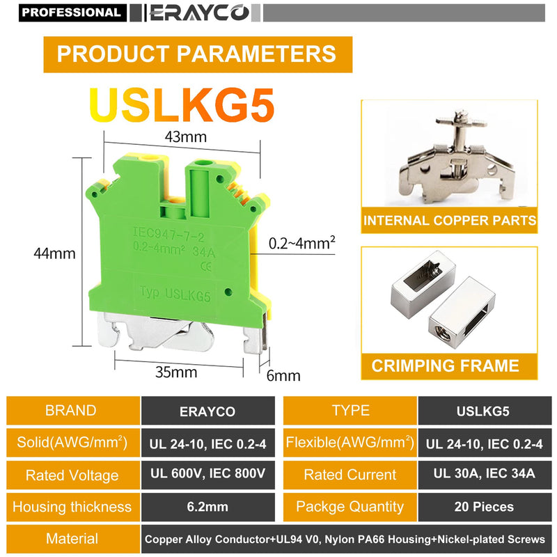 Erayco USLKG5N DIN Rail Mounted Ground Circuit Connection Terminal Block, 600V 30A, Screw Clamp (Pack of 20)