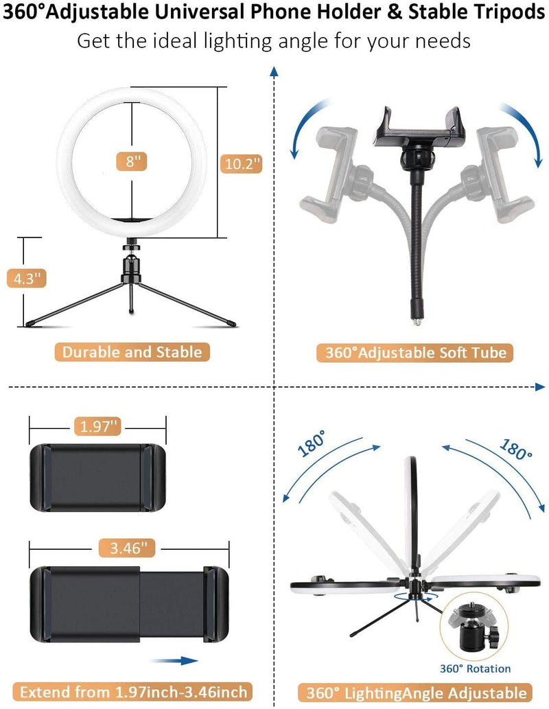 10" Selfie Ring Light LED Lamp Mini Camera Ring Lighting Kit with RGB& 3 Light Modes,Tripod Stand, Two Phone Holders,Brightness for Multi-Platforms Livestream Vlog Makeup Selfie YouTube Shooting