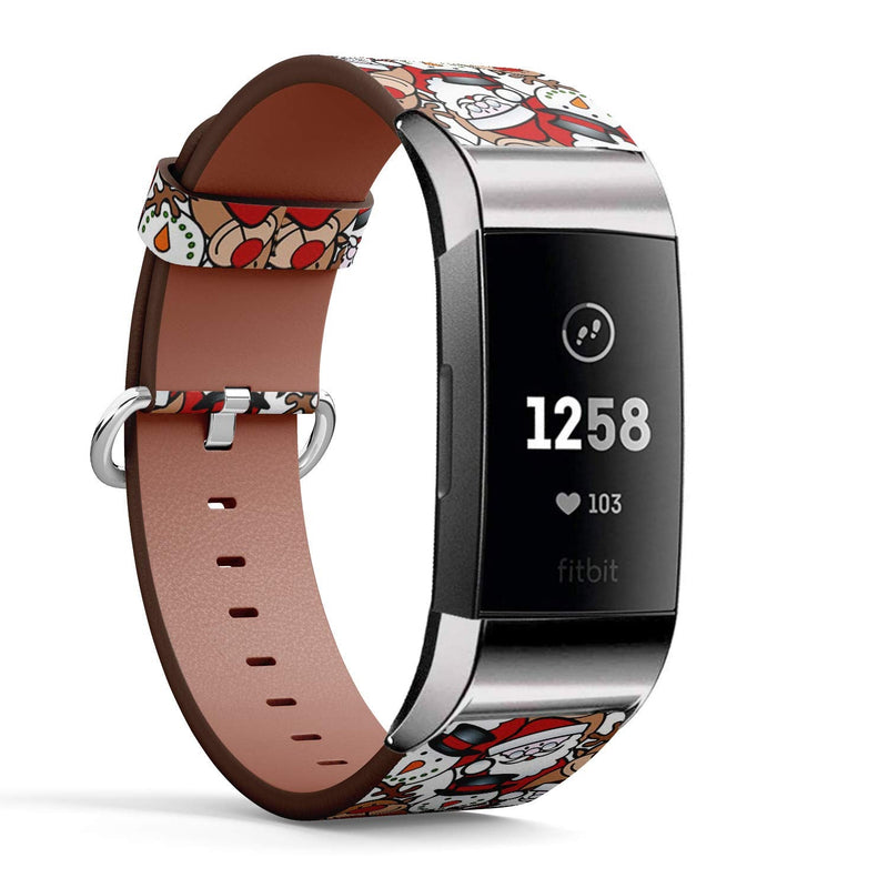Compatible with Fitbit Charge 4 / Charge 3 / Charge 3 SE - Leather Watch Wrist Band Strap Bracelet with Stainless Steel Adapters (Christmas Santa)