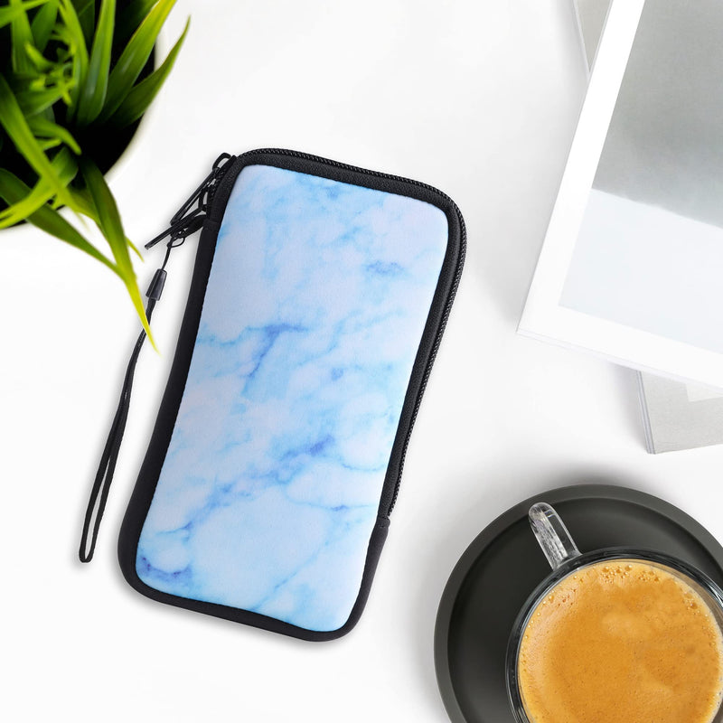 kwmobile Neoprene Sleeve for Smartphone Size XL - 6.7/6.8" - Shock Absorbing Pouch Case - Protective Phone Bag - Marble White/Blue/Light Blue Marble 02-04-23