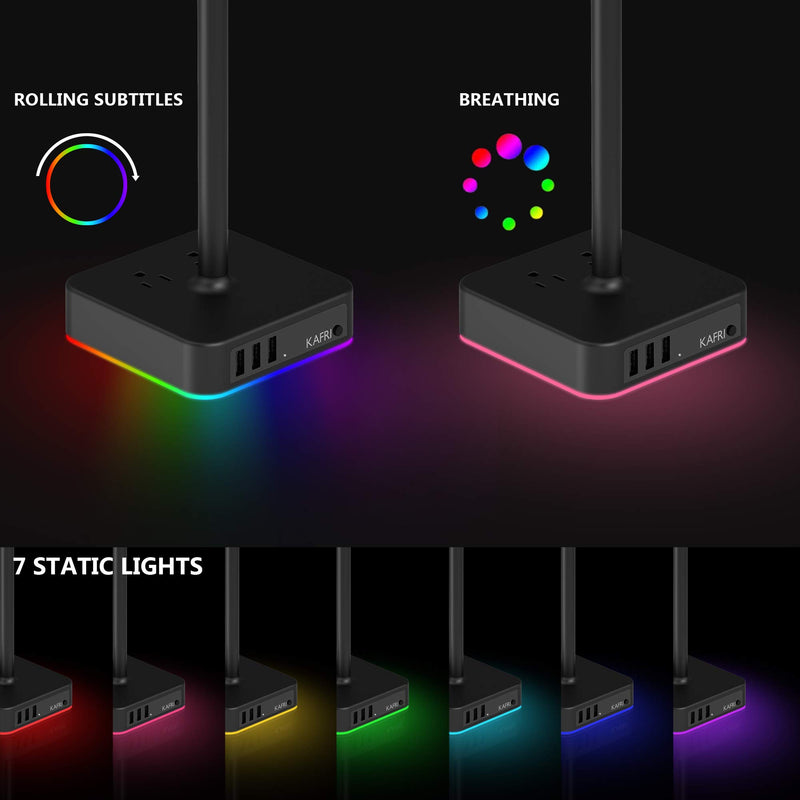 KAFRI RGB Headphone Stand with USB Charger Desk Gaming Headset Holder Hanger Rack with 3 USB Charging Port and 2 Outlet - Suitable for Gamer Desktop Table Game Earphone Accessories Boyfriend Gift