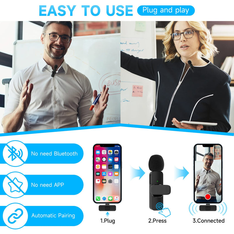 PQRQP 2 Pack Wireless Lavalier Microphone for iPhone iPad,Professional Plug-Play Wireless Mic for Recording,Live Stream,YouTube,Facebook,TikTok black