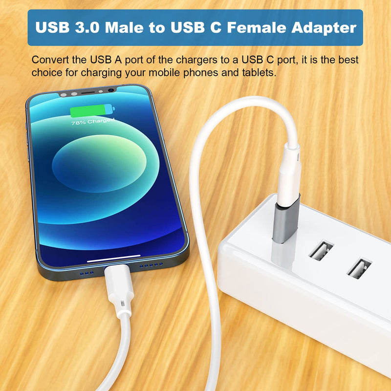 AreMe USB C Adapter (6 Pack), USB A Male to USB C Male, USB 3.0 Male to USB C Female, USB Type-C Male to USB 3.0 Female Converter Connector (Grey) Grey