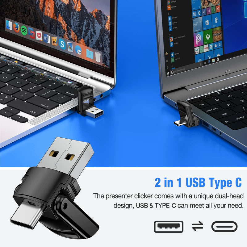 2-in-1 USB Type C Presentation Clicker Wireless Presenter Remote for PowerPoint, Powerpoint Clicker with Hyperlink & Volume Control PowerPoint Slide Advancer for Mac, Computer, Laptop Type-C+USB
