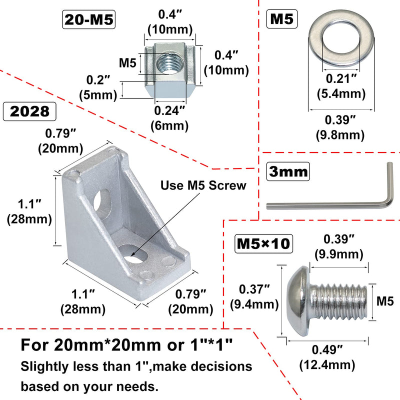 CheeMuii 2020 Corner Bracket Kit,20pcs Corner Brackets 40pcs Hex Screws 40pcs Sliding Nuts,40pcs Washers and 2pcs Hex Wrenchs for Slot 6mm 20s Aluminum Extrusion Profile Rail Accessories 20sets Silver