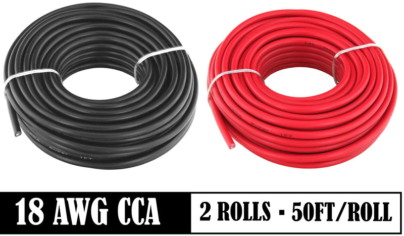 18 AWG (American Wire Gauge) CCA Primary Wire | 50 ft Red & Black | Also Available in 14 & 16 Ga 18 AWG 50' Red & Black