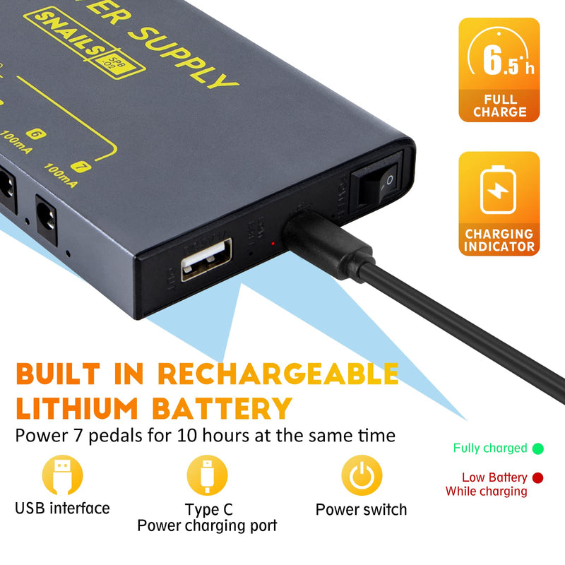 [AUSTRALIA] - lotmusic Guitar Pedal Power Supply,7 Isolated DC Outputs,Built-in Rechargeable Battery for 9V Guitar Effect Pedals,Short Circuit/overcurrent Protection and USB Port for iPhone iPad 7 OUTPUTS 