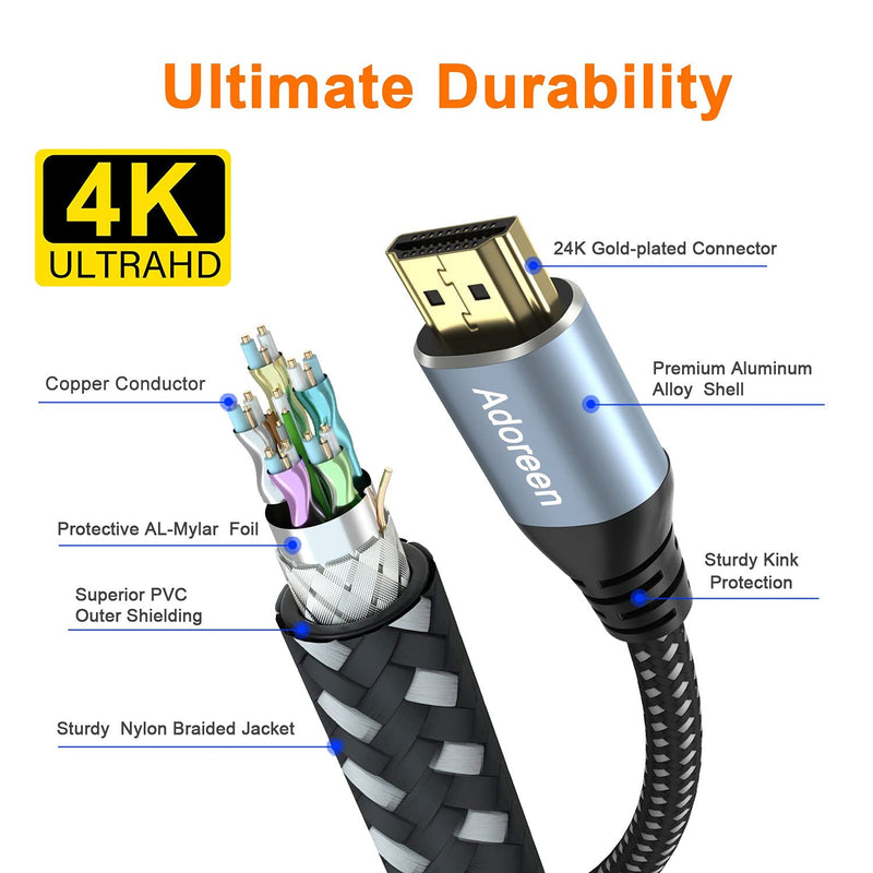 4K HDMI Cable 10 feet/2 Pack, Adoreen High Speed 18Gbps HDMI 2.0 Cable (1.5-60ft), HDR HDCP 3D 4K@60Hz 2K,1080P, ARC Ethernet, Braided Cord,Compatible Monitor UHD TV PC PS3 PS4 with 5 Cable Ties 10FT-2PK With Ties