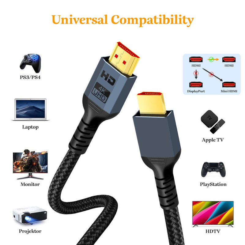 4K 60Hz HDMI Cable 10Ft, Kablerika HDMI 2.0 Braided Cord High Speed 18Gbps-Support 4K HDR 3D 2160p 1080p Braided Cord Compatible with Ethernet Audio Return(ARC), PS4/5, Fire TV, UHD TV, PC