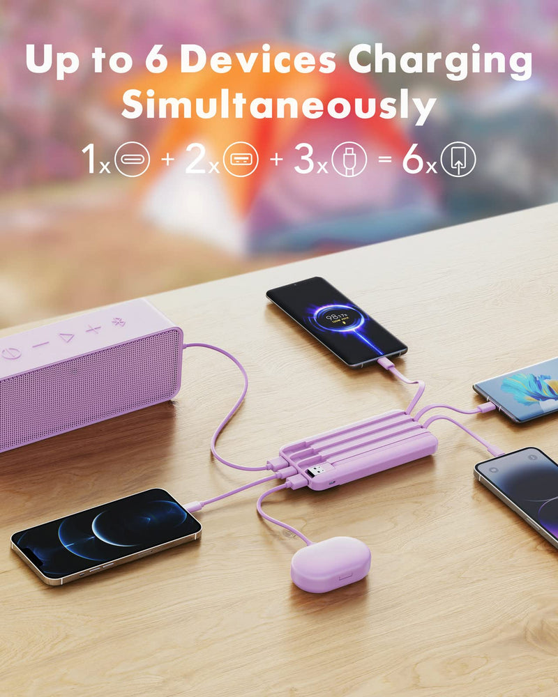 Portable Charger with Built in Cables, Portable Charger with Cords Wires Slim 10000mAh Travel Essentials Battery Pack 6 Outputs 3A High Speed Power Bank for iPhone Samsung Pixel LG Moto iPad D-Purple