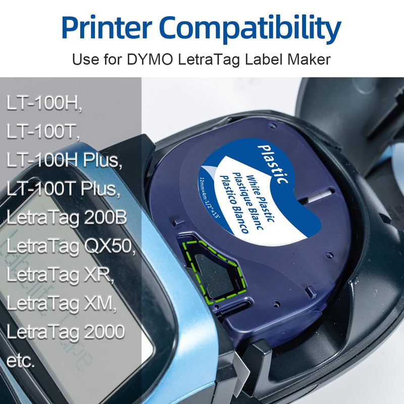 Labelife Label Maker Refills Replace for DYMO LetraTag Refills White Plastic 1/2" x 13' 12mm x 4m 91331 LT Label Tape Refill Use for Dymo Letra Tag 200B LT-100H LT-100T Plus QX50 2000,6-Pack 6