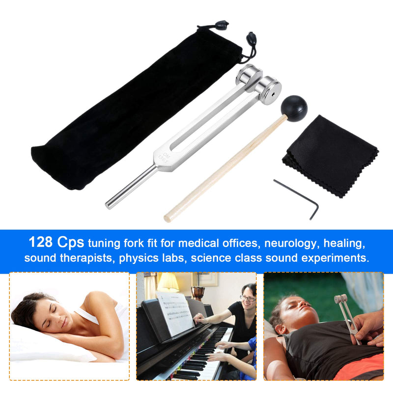 128 Hz Solfeggio Tuning Fork with Silicone Hammer Bag and Cleaning Cloth, for DNA Repair Healing, Perfect Healing, Musical Instrument, Sound therapy, Vibration