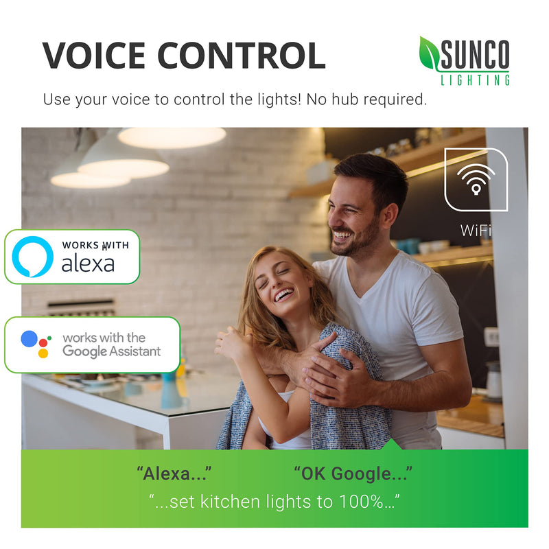 Sunco Lighting 4 Pack WiFi LED Smart Bulb, A19, 6W, Color Changing (RGB & CCT), Dimmable, 480 LM, Compatible with Amazon Alexa & Google Assistant - No Hub Required