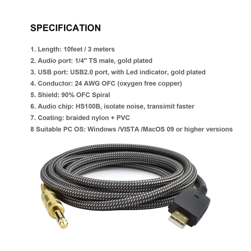 10FT Guitar to USB Cable Adapter, Mugteeve USB to 1/4" Electric Bass Guitar Cord for Recording, Quater Inch TS Male Jack to Computer USB Interface, Nylon Braided, OFC Shield, Plug-and-Play Connection USB TS