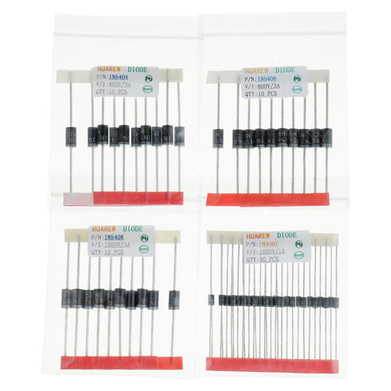 HUAREW 12 Values 300 Pcs Rectifier Diodes 1N4001 1N4002 1N4004 1N4005 1N4007 1N5404 1N5406 1N5408 Schottky Diodes 1N5817 1N5818 1N5819 Switching Diodes 1N4148 Assortment Kit