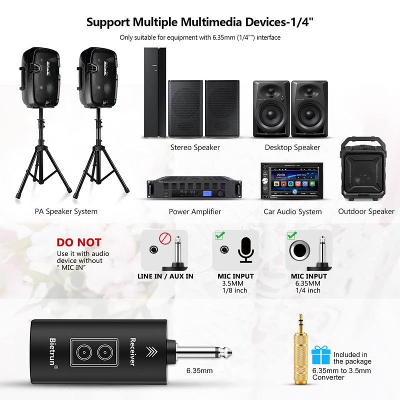 Bietrun Wireless Microphone with Echo, Treble, Bass & Bluetooth, 98 FT Range, Portable UHF Handheld Dynamic Microphone with Rechargeable Receiver, for Karaoke, Speaker, Amplifier, PA System